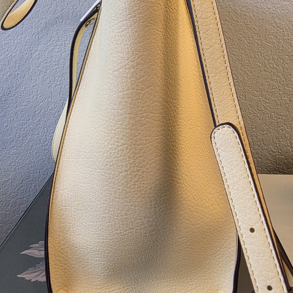 Calvin Klein Pale Yellow Pebbled Leather Tote with Shoulder Strap